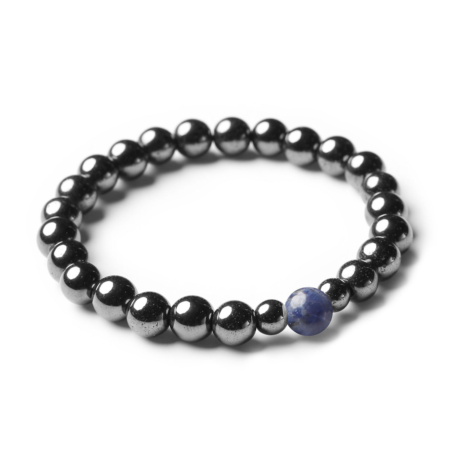 Stylowa bransoletka damska i męska z kolekcji Binthe, wykonana z sodalitu i hematytu grafitowego.