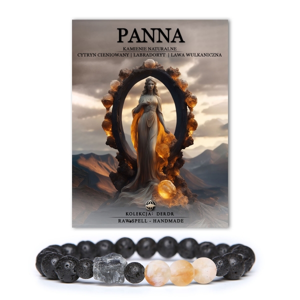 Bransoletka z naturalnych kamieni w odcieniach cytrynowego, labradorytowego i wulkanicznej lawy, stworzona dla energicznych osób spod znaku Panny.