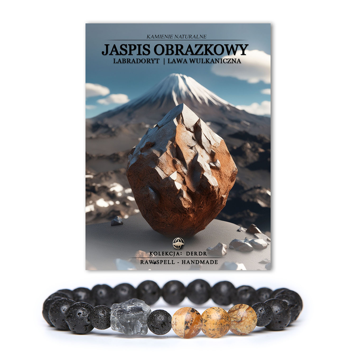Bransoletka Derdr z naturalnymi kamieniami: jaspisem obrazkowym, labradorytem i lawą wulkaniczną, idealna dla kobiet oraz mężczyzn.