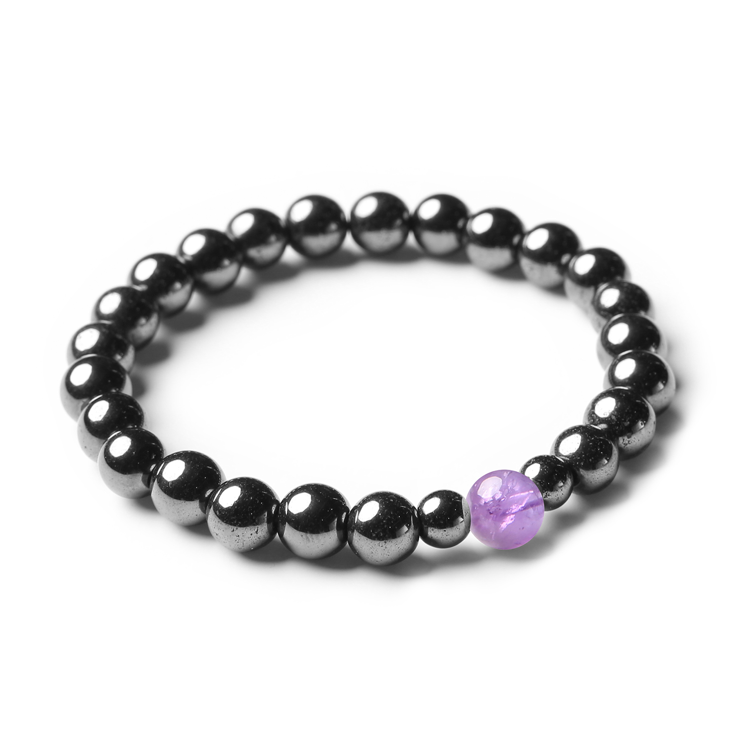 Elegancka bransoletka z kolekcji Binthe, łącząca ametyst i hematyt, stworzona z naturalnych kamieni.