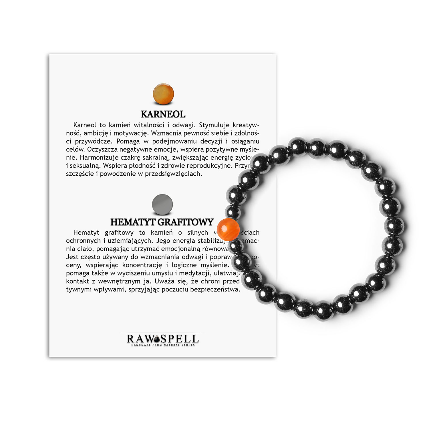 ransoletka Binthe - Karneol i Hematyt w grafitowym odcieniu, idealna dla kobiet i mężczyzn. Naturalne kamienie, wyjątkowy Bransoletka z naturalnych kamieni karneolu i hematytu w grafitowym kolorze - uniseksowy dodatek z kolekcji Binthe, idealny na każdą okazję.