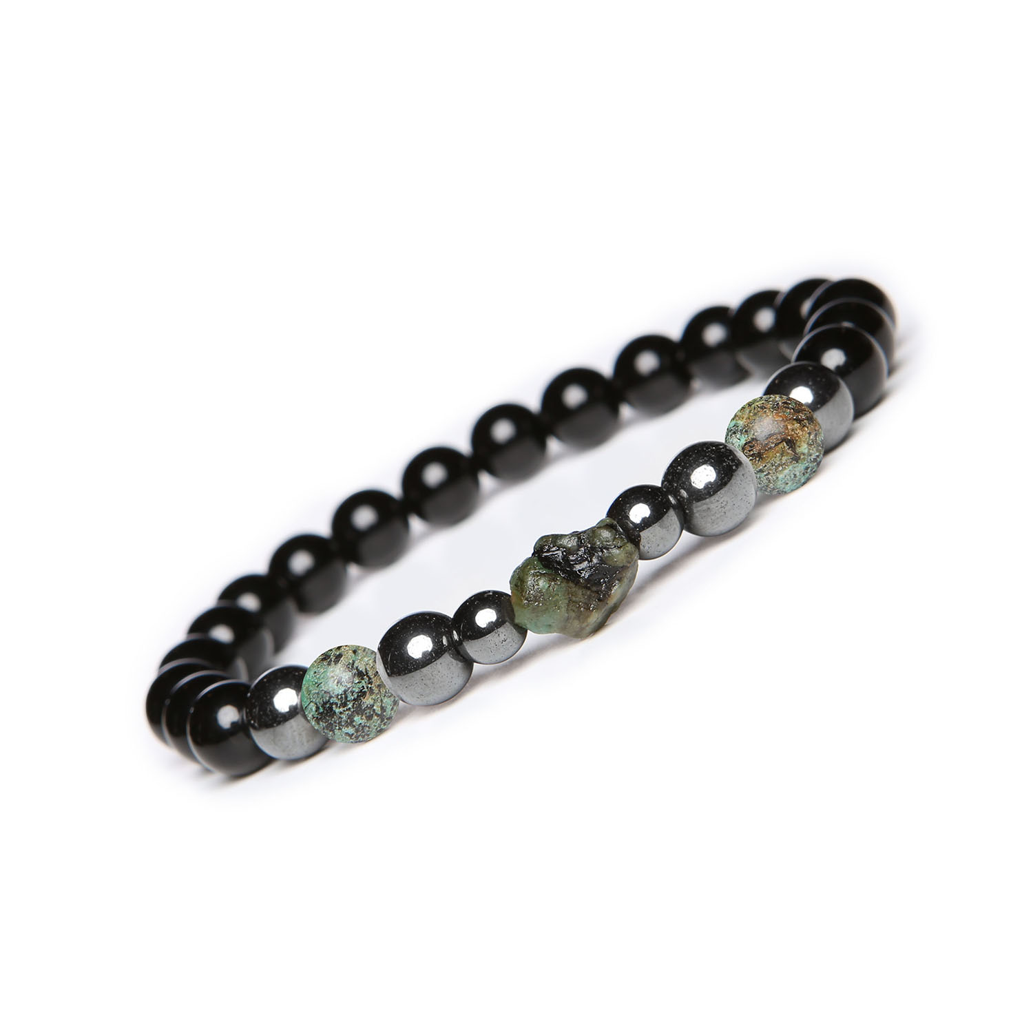 ransoletka Elai Turkus Afrykański, Szmaragd, Onyks i Hematyt Grafitowy. Elegancja dla kobiety i mężczyzny Stylowa bransoletka z kolekcji Elai, wykonana z turkusu afrykańskiego, szmaragdu, onyksu i hematytu grafitowego, idealna dla kobiet i mężczyzn.