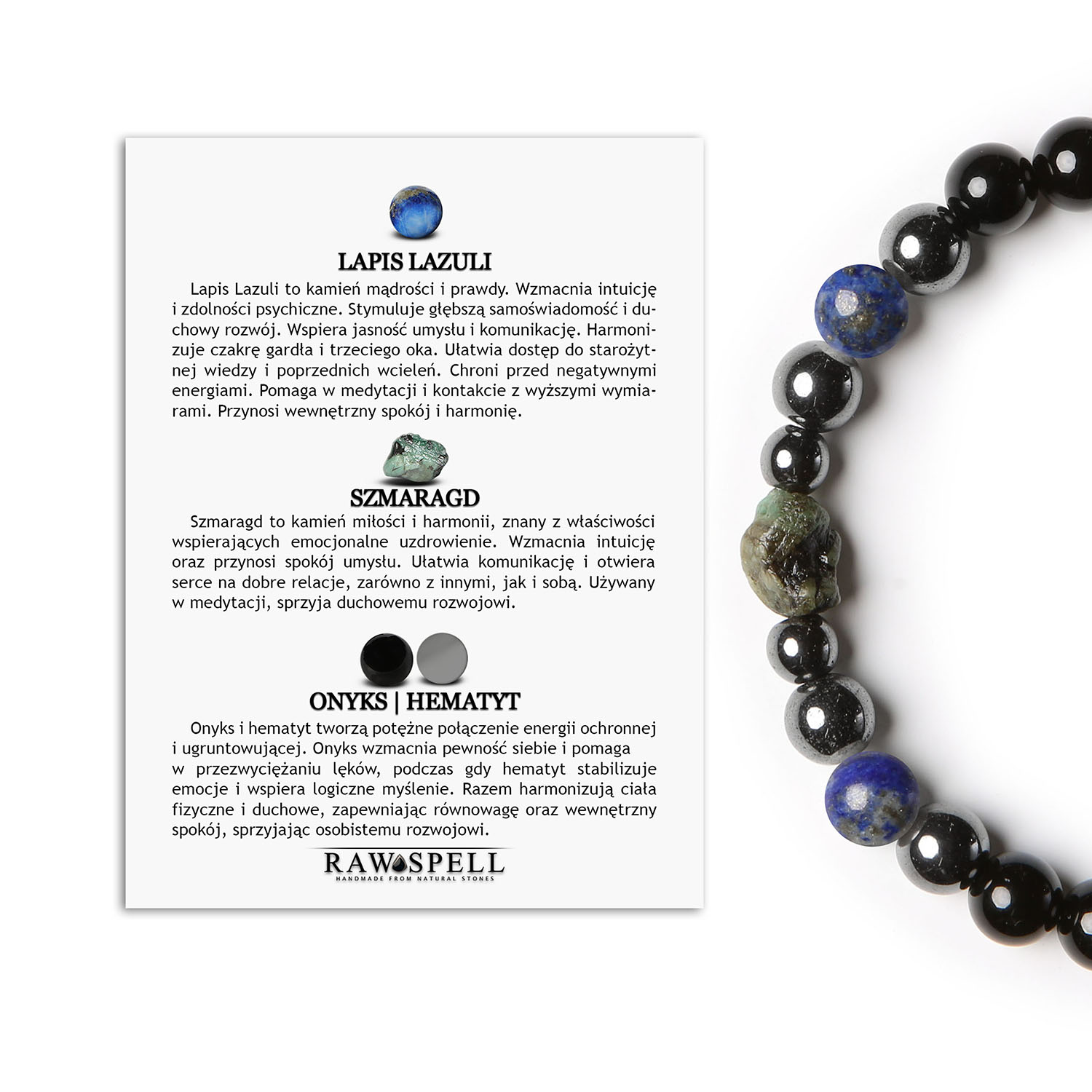 ransoletka z kolekcji Elai Lapis Lazuli, Szmaragd, Onyks i Hematyt. Odkryj elegancję dla siebie Elegancka bransoletka Elai z lapis lazuli, szmaragdem, onyksem i hematytem grafitowym, dostępna dla kobiet i mężczyzn.