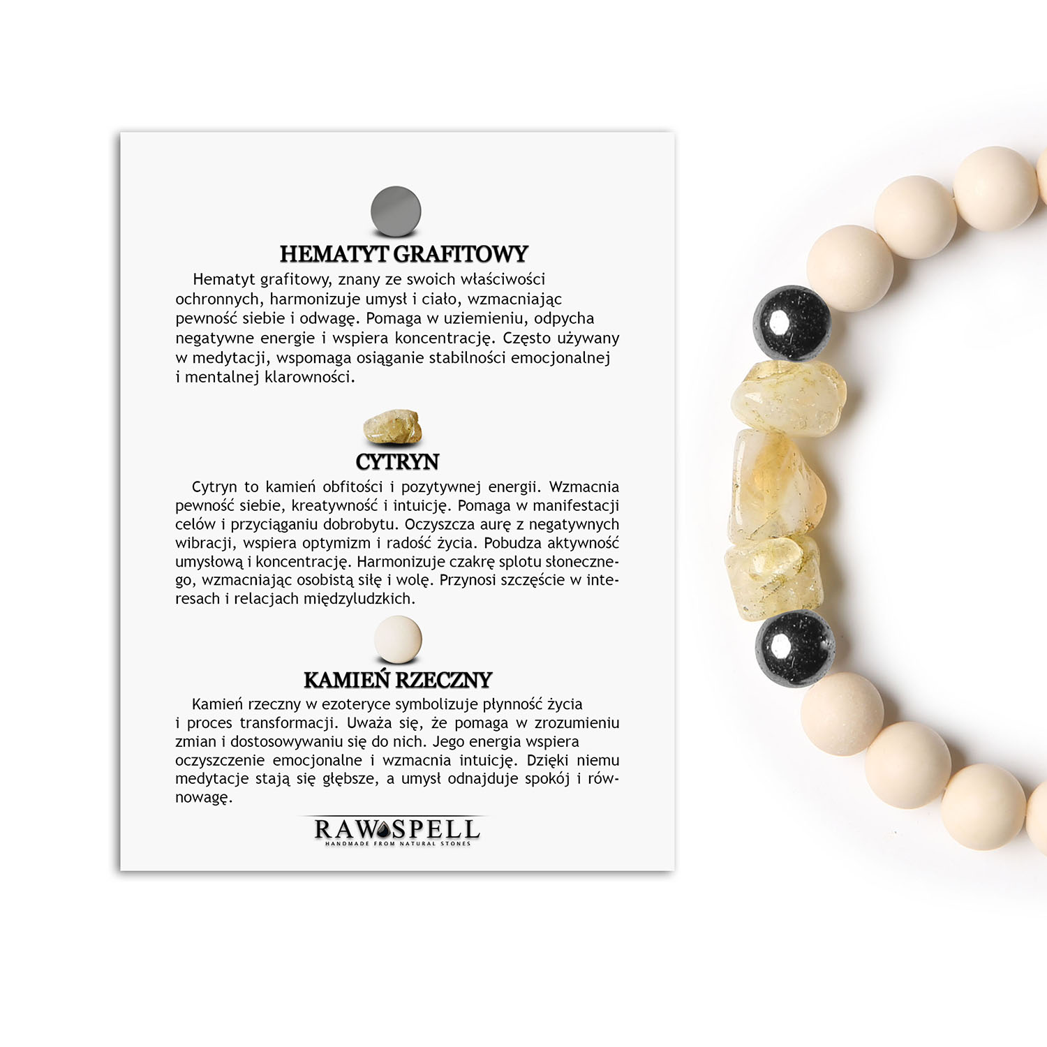 tylowa bransoletka Cymiri z hematytu, cytrynu i kamienia rzecznego. Idealny wybór dla mężczyzn i kobiet Bransoletka męska i damska z kolekcji Cymiri wykonana z naturalnych kamieni: hematytu grafitowego, cytrynu oraz kamienia rzecznego.