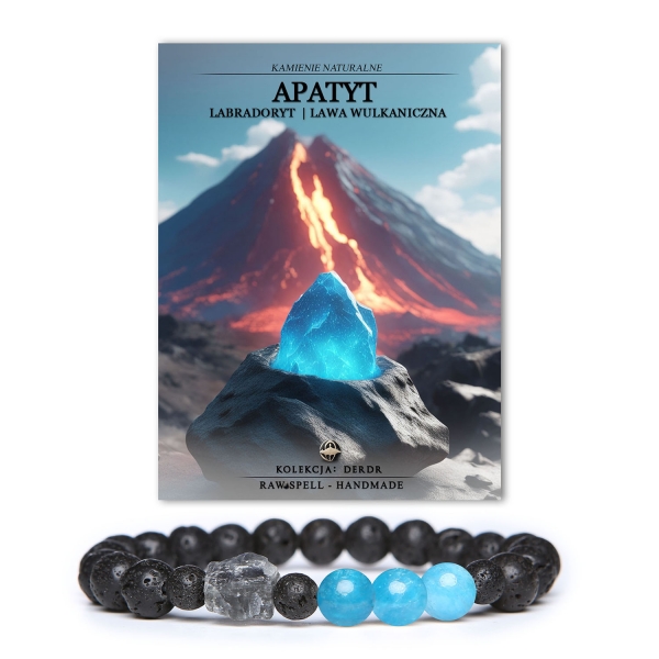 Bransoletka z kolekcji Derdr wykonana z naturalnych kamieni: apatytu, labradorytu i lawy wulkanicznej, dedykowana zarówno dla kobiet, jak i mężczyzn.
