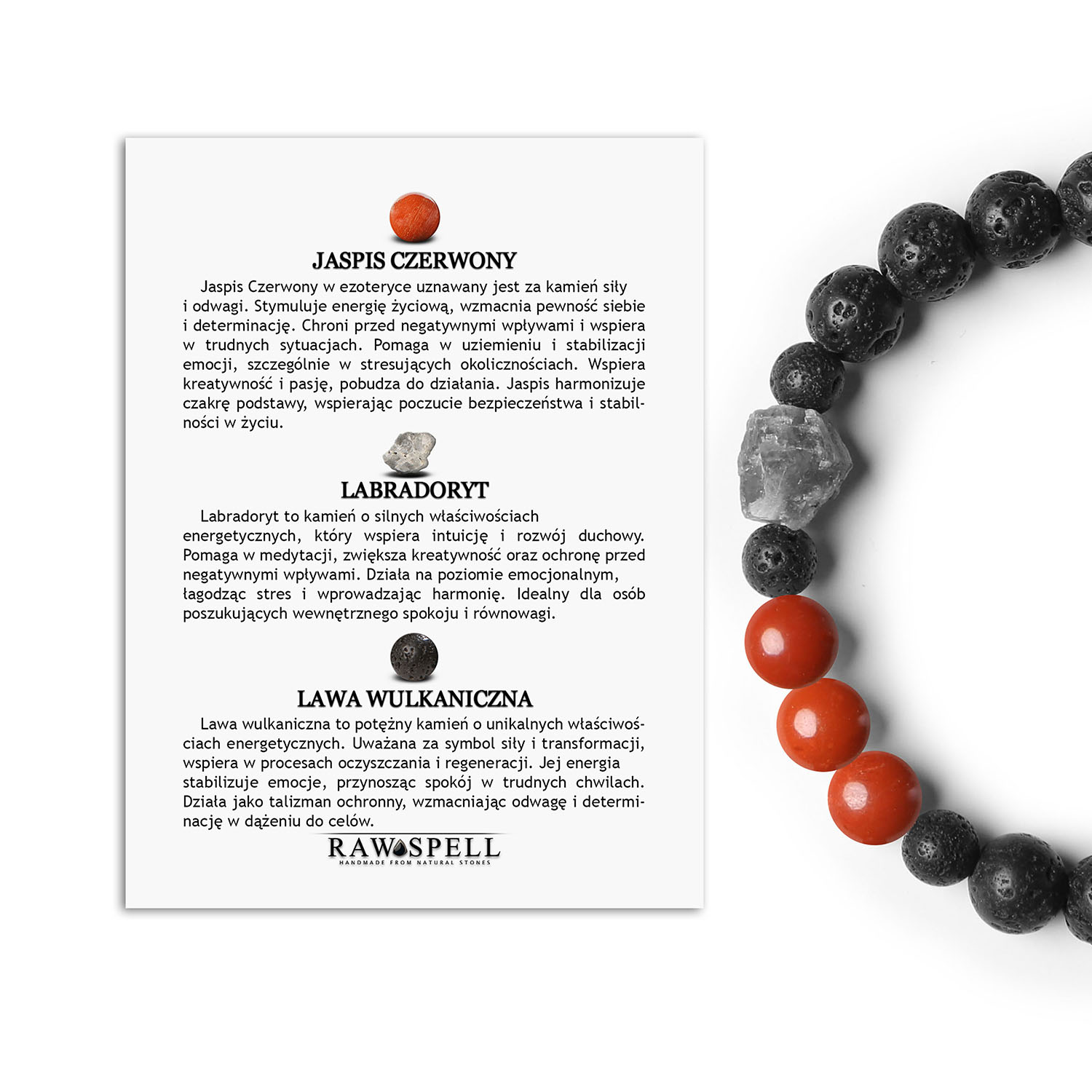 tylowa bransoletka Derdr z naturalnych kamieni Jaspis Czerwony, Labradoryt i Lawa Wulkaniczna. Idealna dla wszystkich Bransoletka z kolekcji Derdr wykonana z czerwonego jaspisu, labradorytu i lawy wulkanicznej, idealna dla kobiet i mężczyzn.