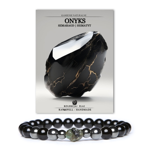 Bransoletka Elai z onyksu, szmaragdu i hematytu grafitowego, dostępna w wersji damskiej oraz męskiej.