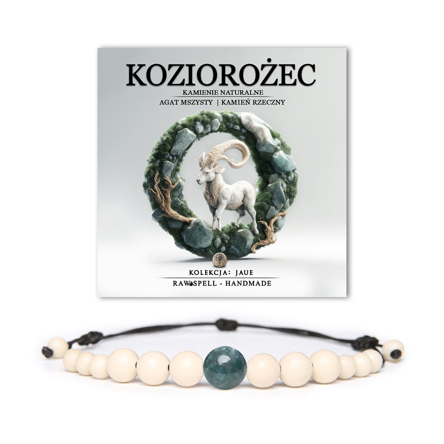 Kamienne magiczne układanie gwiazd - Bransoletka z Agatem Mszystym i Kamieniem Rzecznym. Kolekcja Jaue dla Koziorożca.