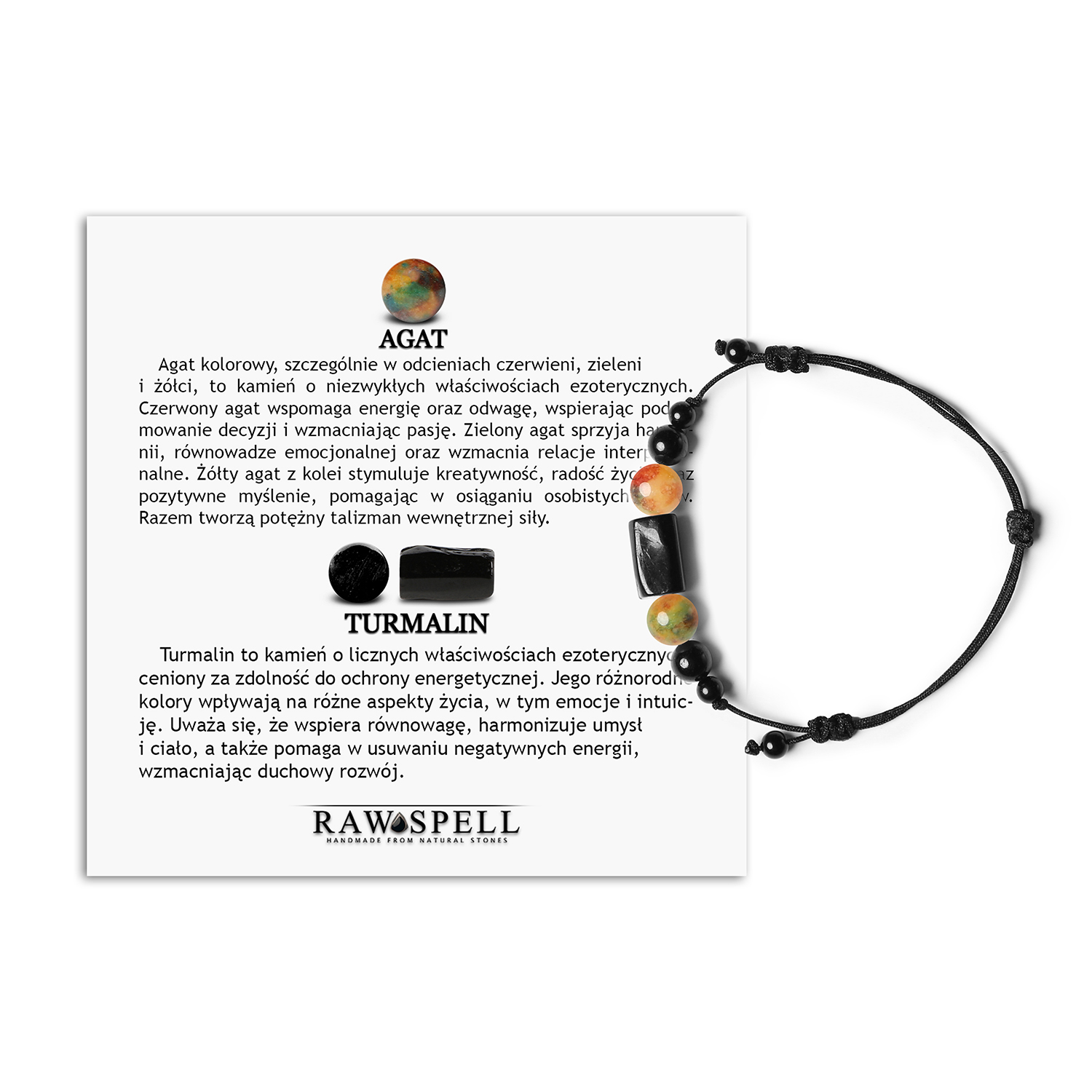 Agatowa i turmalinowa bransoletka na sznurku Inare dla każdej płci Elegancka bransoletka Inare z naturalnych kamieni: agat i turmalin, przeznaczona dla kobiet i mężczyzn.