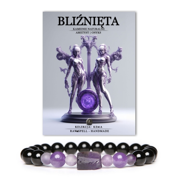 Stylowa bransoletka Bliźnięta z naturalnych kamieni: ametyst i onyks. Doskonały dodatek dla każdej osoby poszukującej harmonii.