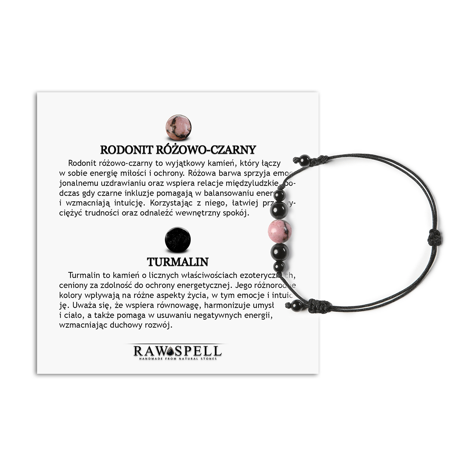 Bransoletka Garie na sznurku w kolorach rodonitu różowo-czarnego i turmalinu, dedykowana dla obu płci Elegancka bransoletka z kolekcji Garie, stworzona z naturalnych kamieni rodonitu w odcieniach różu i czerni oraz turmalinu, unisex.