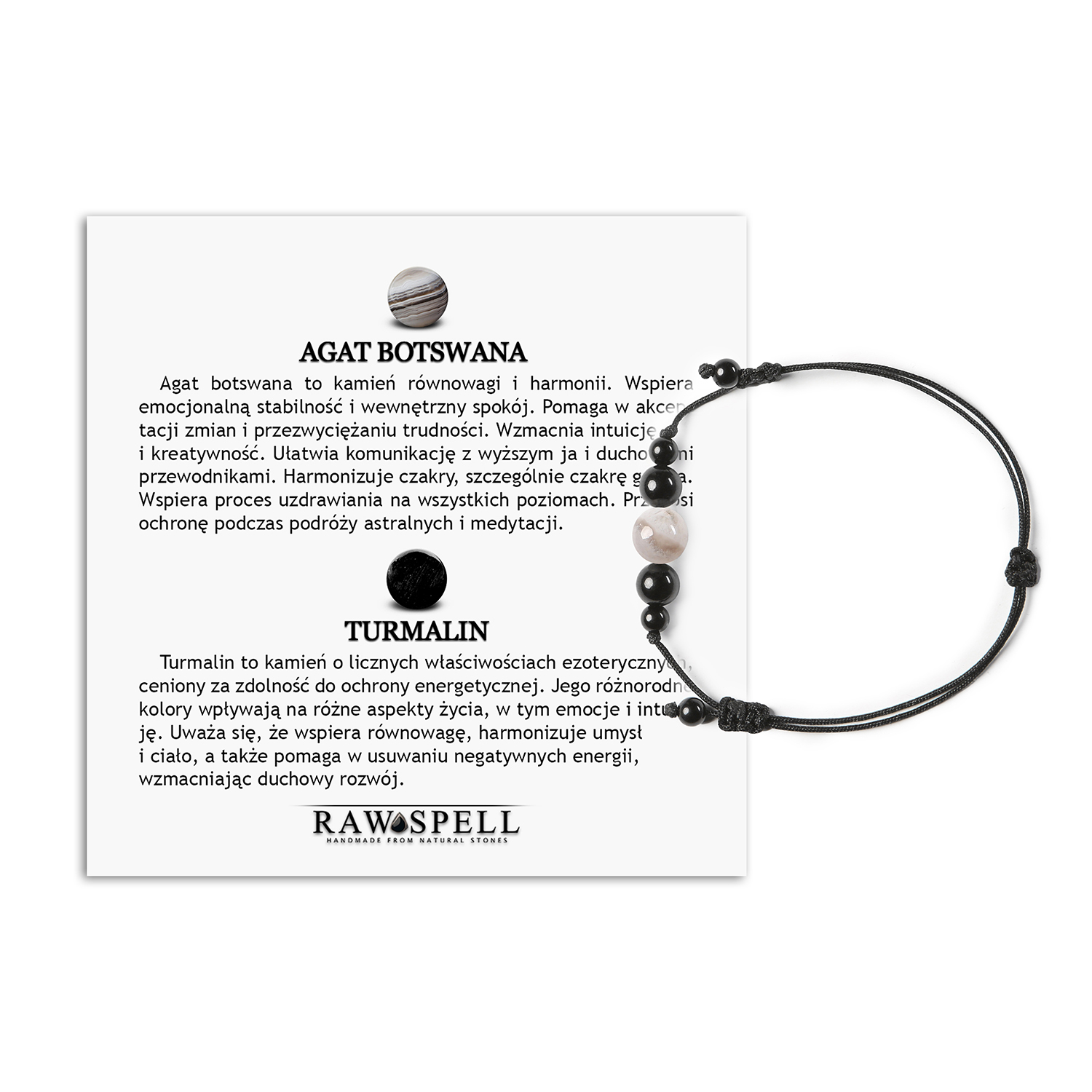 Bransoletka Garie na sznurku z Agatem Botswaną i Turmalinem, doskonała dla pań i panów Bransoletka Garie z kamieniami naturalnymi: agat Botswana i turmalin. Modny dodatek dla obu płci.