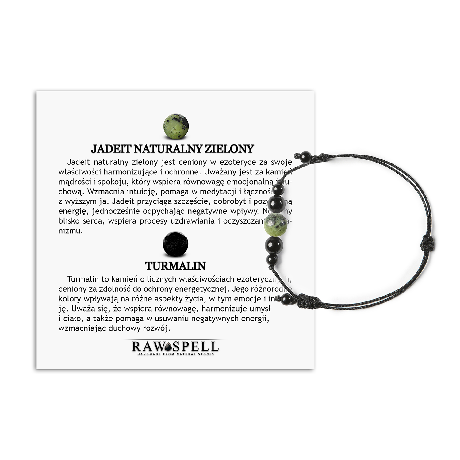 Bransoletka Garie na sznurku z jadeitem zielonym i turmalinem, uniwersalna dla kobiet i mężczyzn Elegancka bransoletka z kolekcji Garie, z zielonym jadeitem i turmalinem. Naturalne kamienie stworzone z myślą o kobietach i mężczyznach.