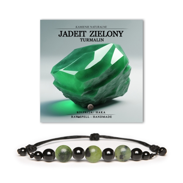 Damska i męska bransoletka z kolekcji Haka, zdobiona zielonym jadeitem i turmalinem, z naturalnych kamieni.