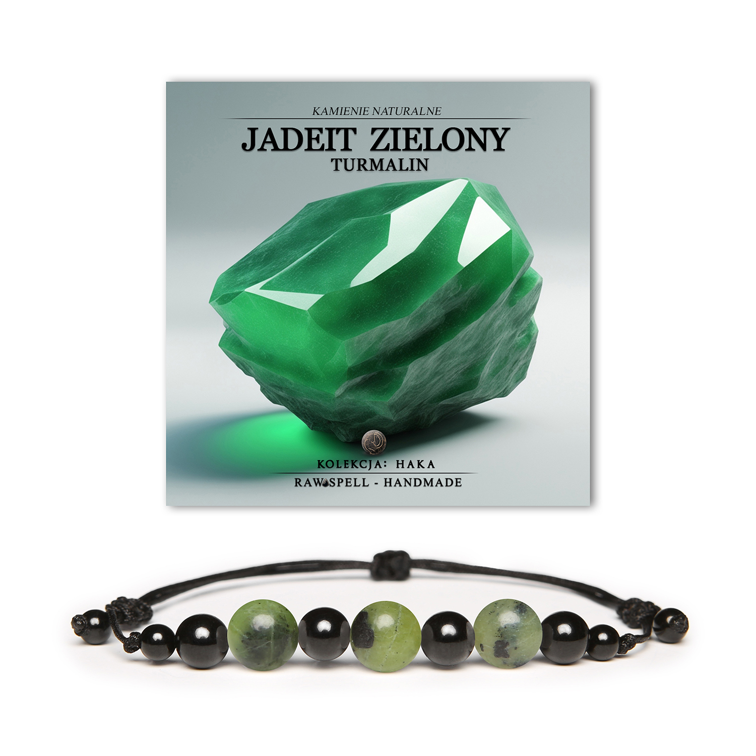 Damska i męska bransoletka z kolekcji Haka, zdobiona zielonym jadeitem i turmalinem, z naturalnych kamieni.