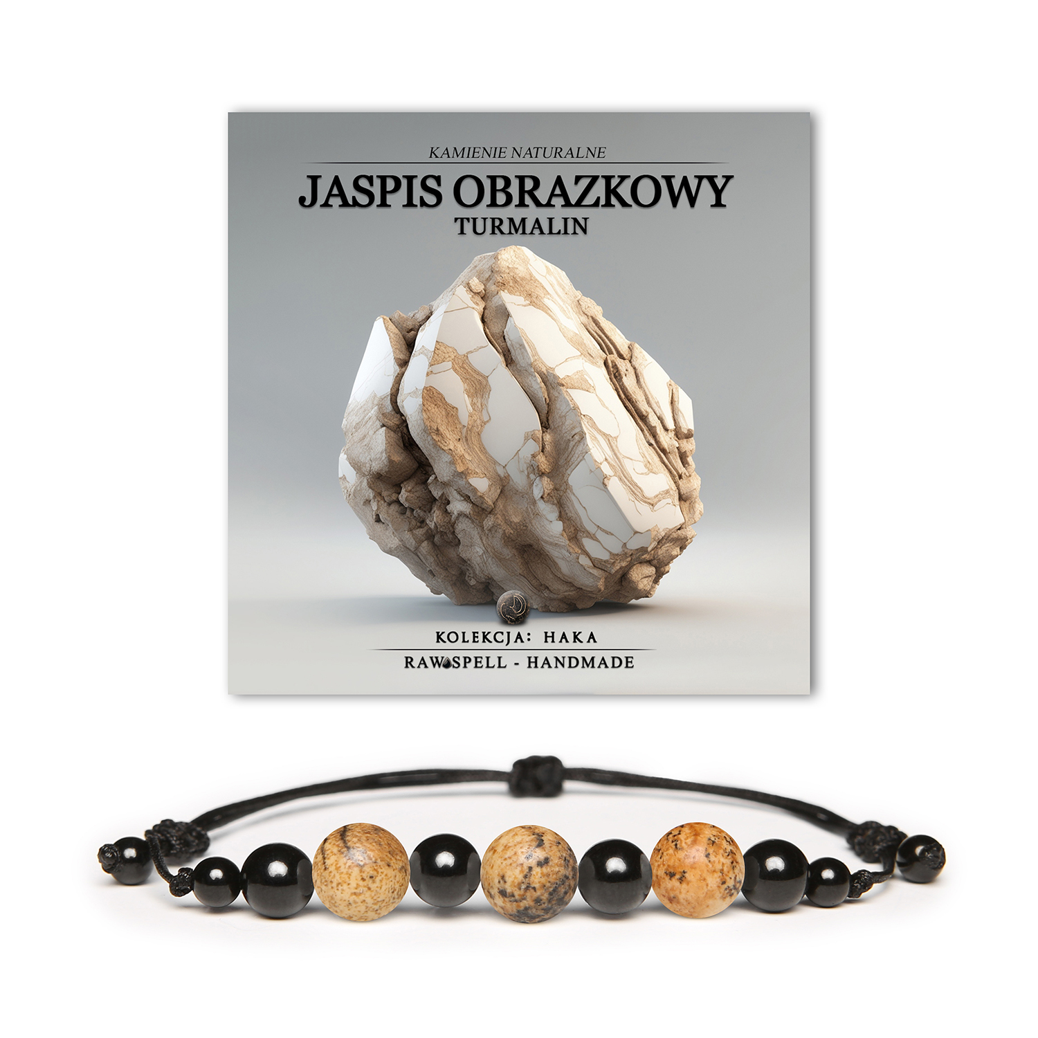 Elegancka bransoletka Haka z kamieniami naturalnymi: jaspis obrazkowy oraz turmalin, dostępna w wariantach damskich i męskich.