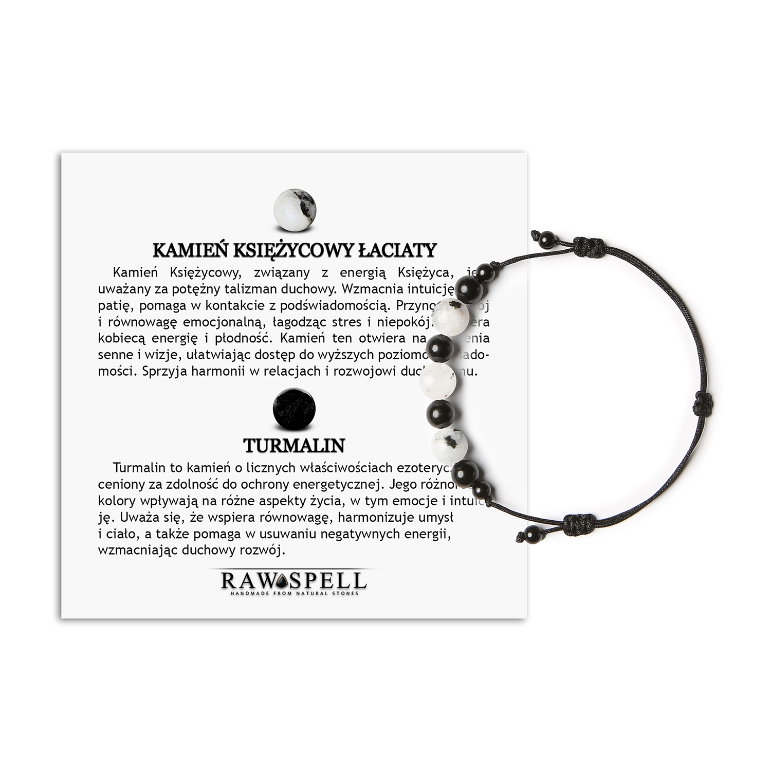 Bransoletka Haka na sznurku z Kamieniem Księżycowym Łaciatym oraz Turmalinem, idealna dla każdego Stylowa bransoletka z kolekcji Haka, ozdobiona Łaciatym Kamieniem Księżycowym oraz Turmalinem, idealna zarówno dla kobiet, jak i mężczyzn.