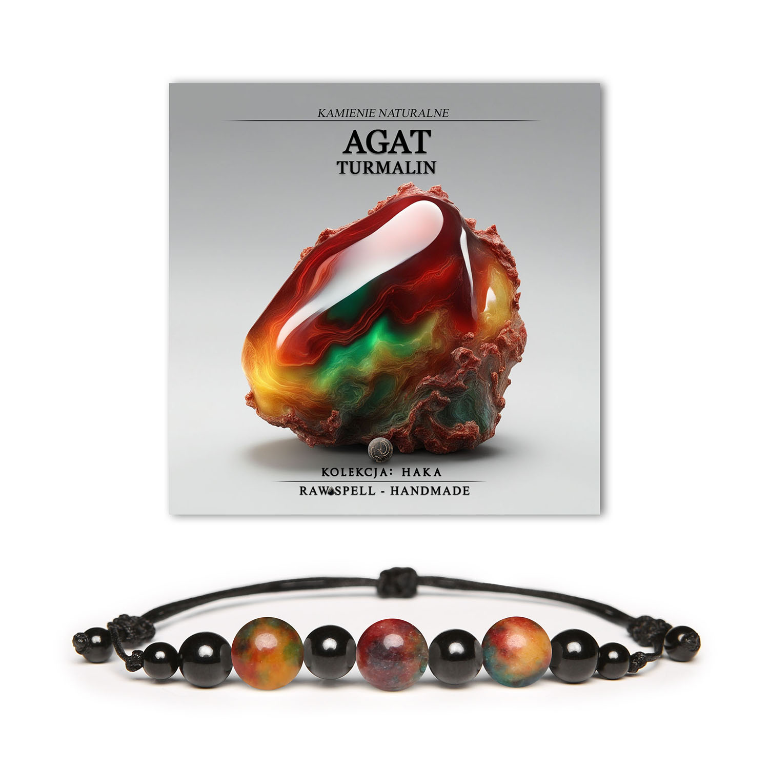 Bransoletka z kolekcji Haka, naturalne kamienie agat i turmalin, dostępna dla kobiet i mężczyzn.