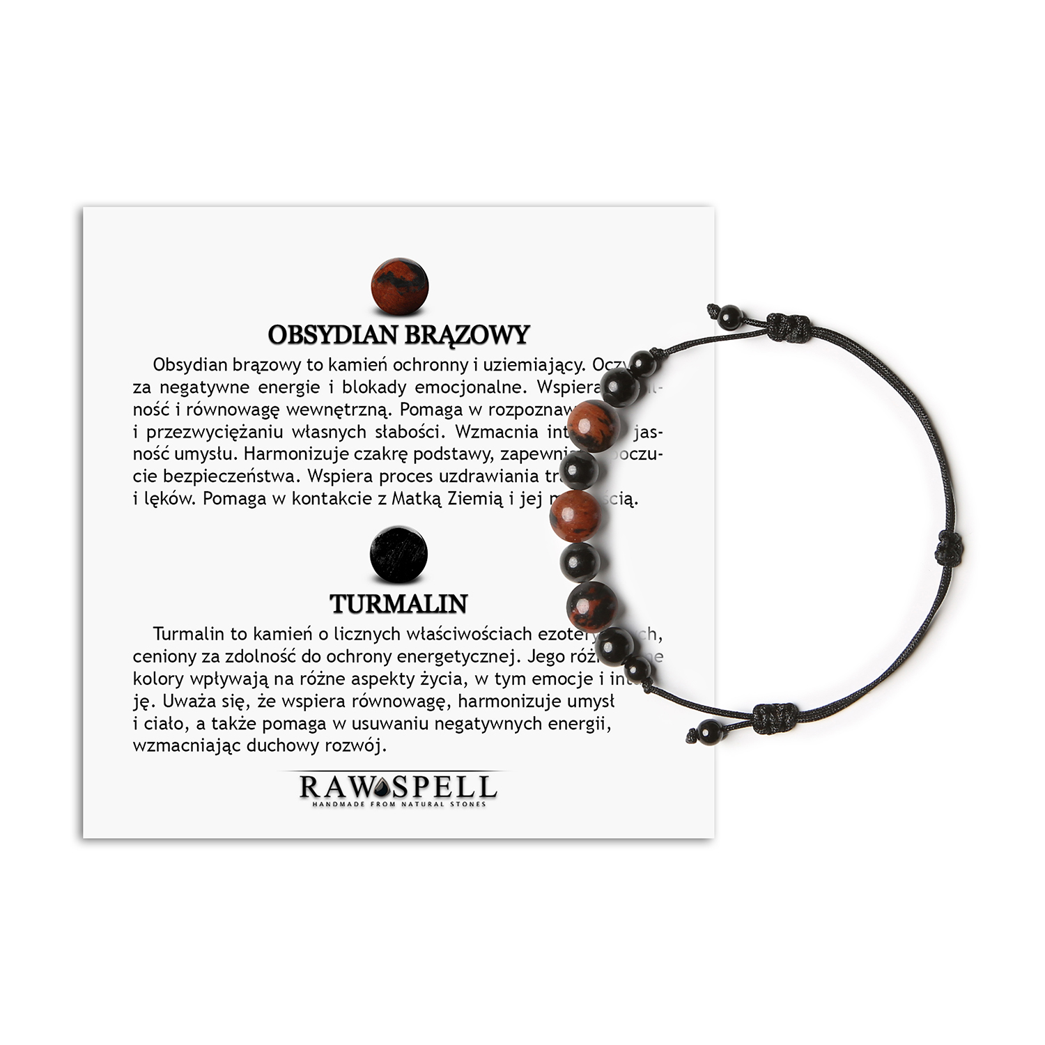 Bransoletka Haka na sznurku z brązowym obsydianem i turmalinem, uniseksowa propozycja dla wszystkich Stylowa bransoletka Haka z brązowym obsydianem i turmalinem, idealna dla kobiet i mężczyzn.