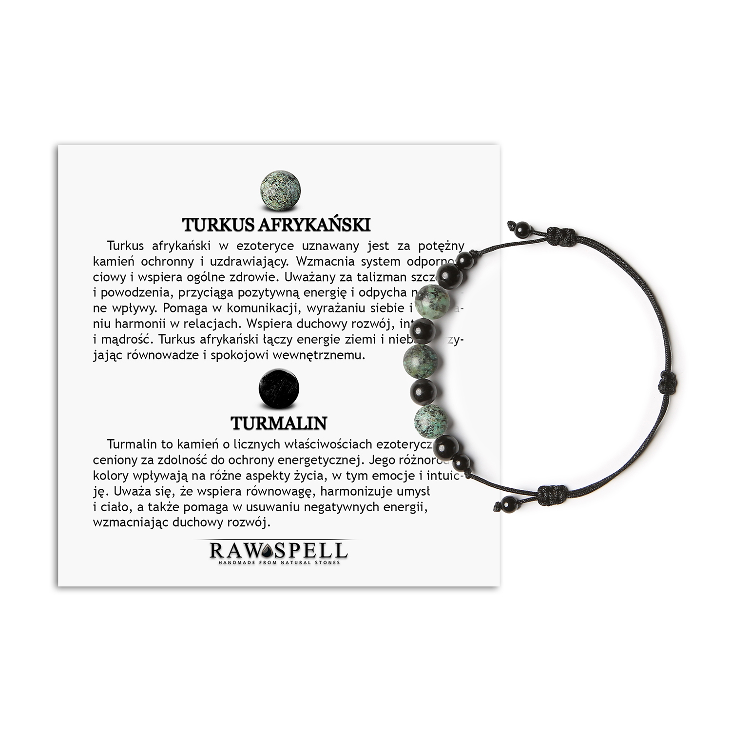 Bransoletka Haka - połączenie Turkusu Afrykańskiego i Turmalinu dla niej i dla niego Bransoletka Haka z kamieniami turkusu afrykańskiego i turmalinu, dostępna w wersji dla kobiet i mężczyzn - doskonały dodatek na każdą okazję.