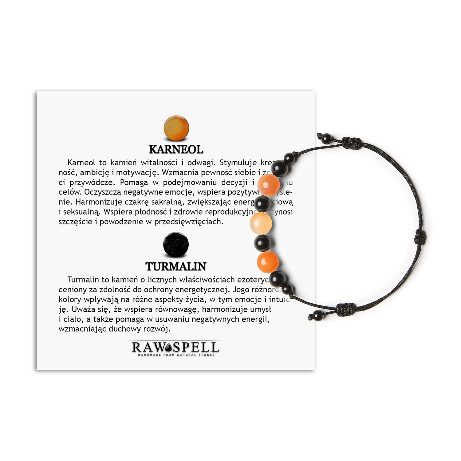 Bransoletka Haka w wersji damskiej i męskiej z karneolem i turmalinem Damska i męska bransoletka Haka z naturalnym karneolem oraz turmalinem, doskonała do codziennych stylizacji.