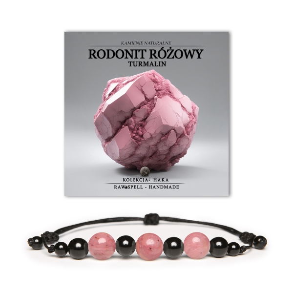 Bransoletka Haka z kamieni naturalnych: rodonit różowy i turmalin, dostępna w wersji damskiej i męskiej, stylowa i unikatowa.