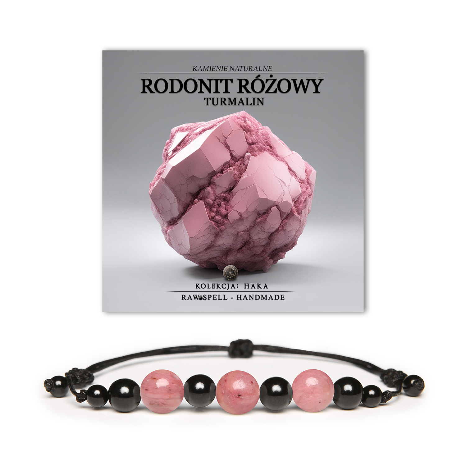 Bransoletka Haka z kamieni naturalnych: rodonit różowy i turmalin, dostępna w wersji damskiej i męskiej, stylowa i unikatowa.