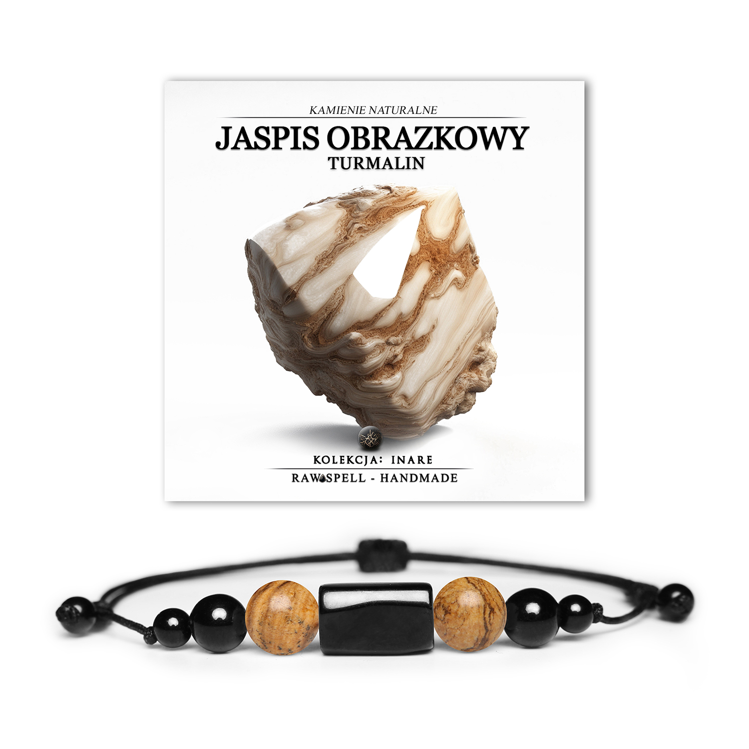 Bransoletka Inare z naturalnych kamieni - jaspis obrazkowy i turmalin, unisex, doskonała na każdą okazję.