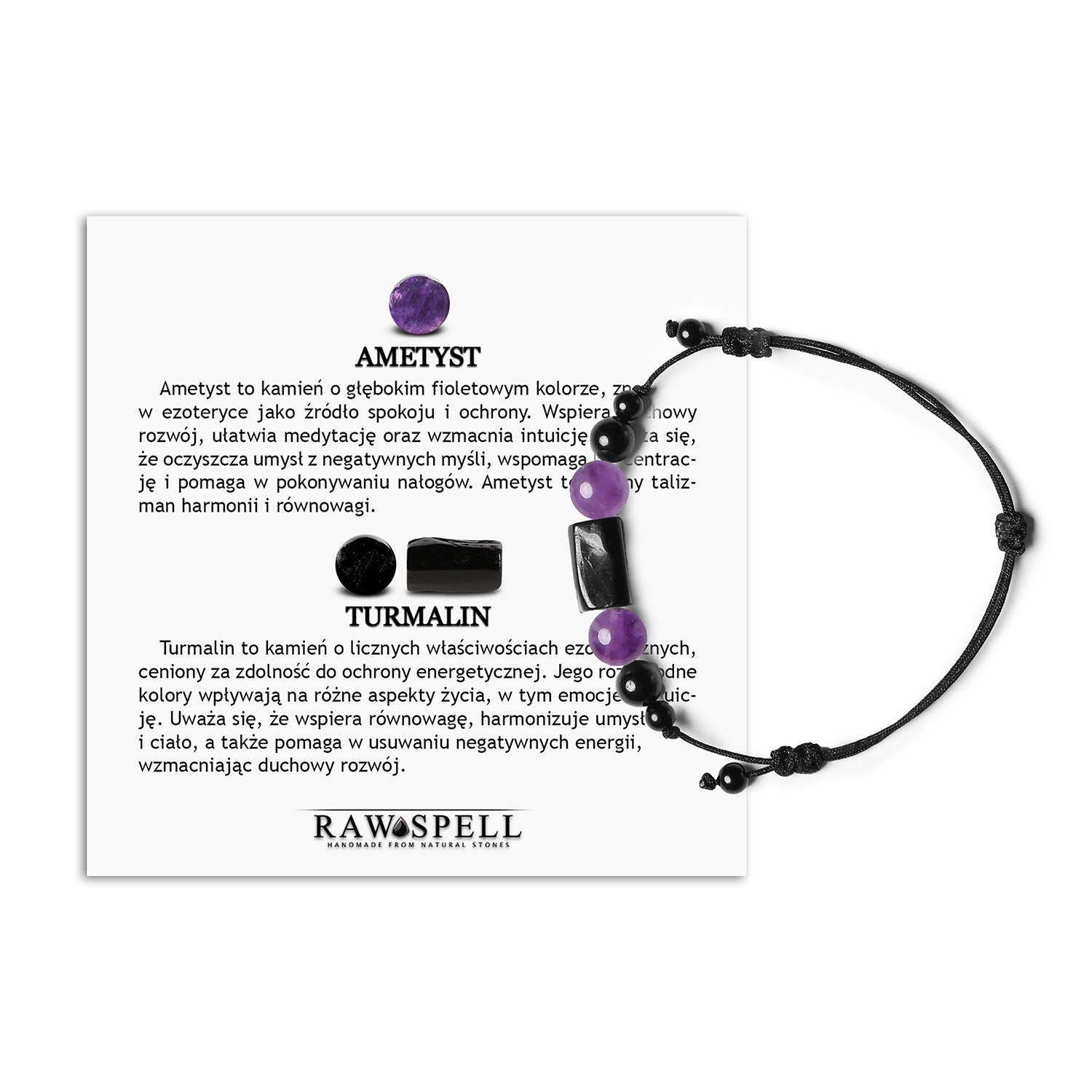 Bransoletka Inare na sznurku z ametystu i turmalinu, dostępna w wersji damskiej i męskiej Stylowa bransoletka Inare z ametystem i turmalinem, dostępna w wersji damskiej i męskiej.