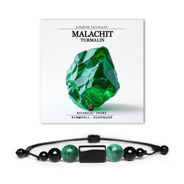 Bransoletka Inare z naturalnym malachitem i turmalinem, unisex, doskonała na każdą okazję.