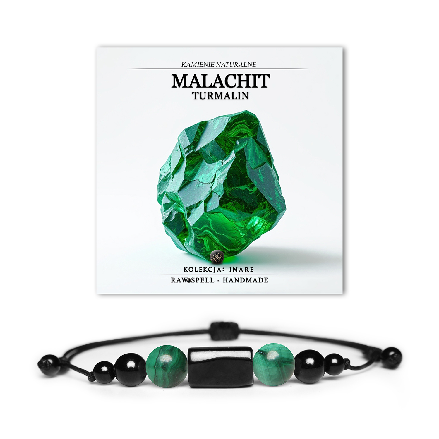 Bransoletka Inare z naturalnym malachitem i turmalinem, unisex, doskonała na każdą okazję.