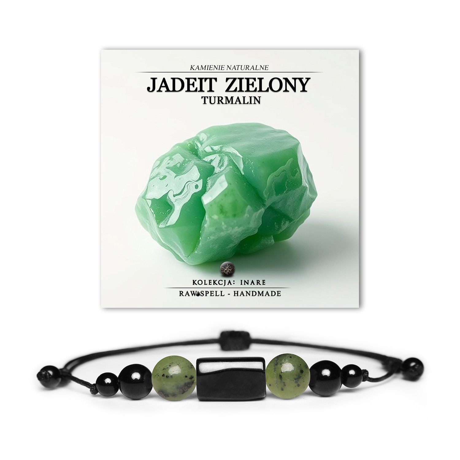 Elegancka bransoletka z naturalnych kamieni jadeitu zielonego i turmalinu, dostępna w wersji damskiej i męskiej, z kolekcji Inare.