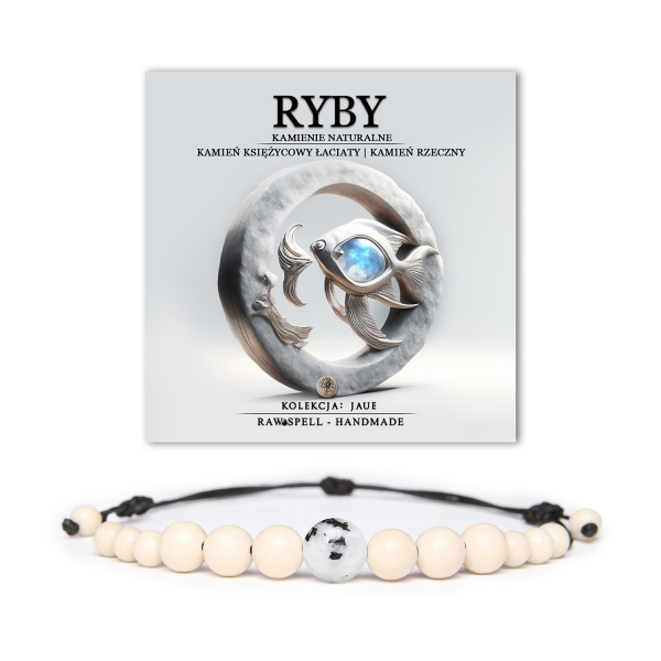 Bransoletka na sznurku z naturalnych kamieni dla osób spod znaku Ryb. Składa się z łaciatego kamienia księżycowego i kamienia rzecznego, idealna dla każdego.