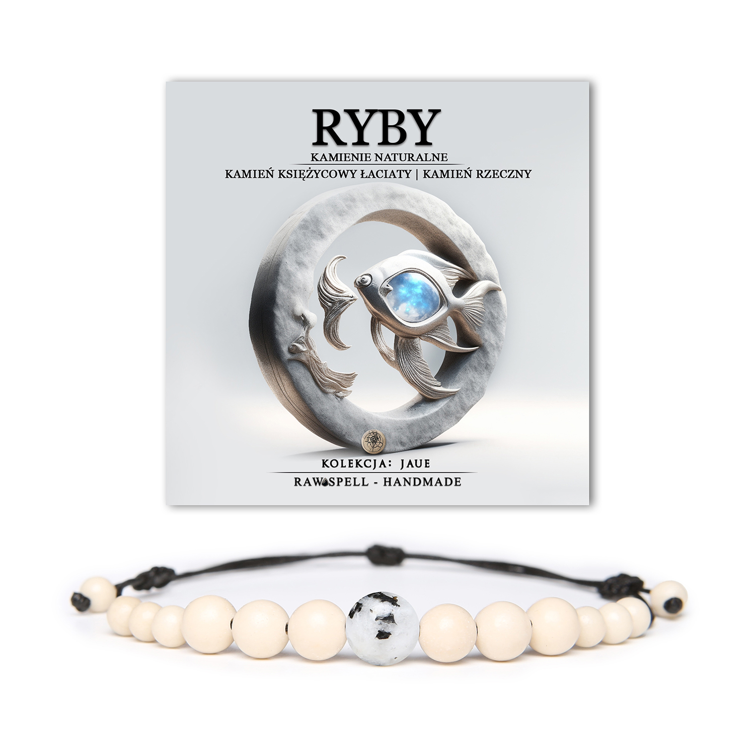 Bransoletka na sznurku z naturalnych kamieni dla osób spod znaku Ryb. Składa się z łaciatego kamienia księżycowego i kamienia rzecznego, idealna dla każdego.