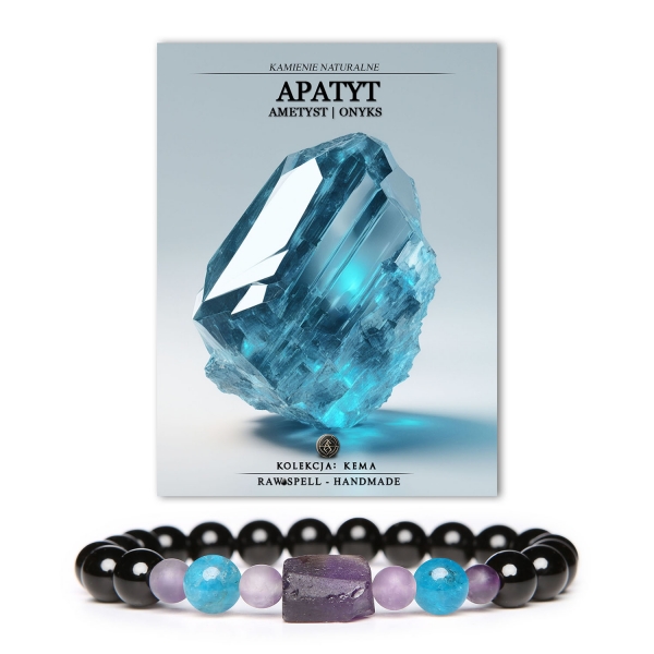 Elegancka bransoletka z kolekcji Kema, wykonana z naturalnych kamieni: apatytu, ametystu i onyksu, idealna dla obojga płci.