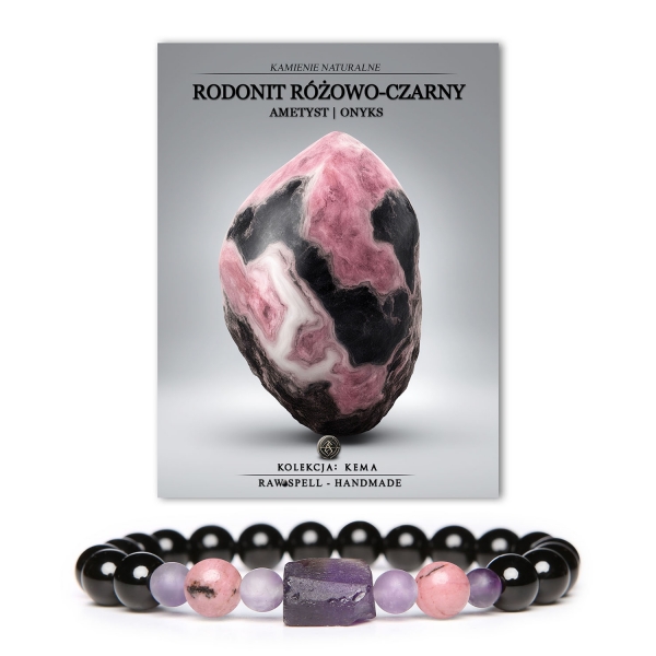 Stylowa bransoletka Kema z rodonitem, ametystem i onyksami. Doskonały wybór dla kobiet i mężczyzn, którzy cenią naturalne kamienie.