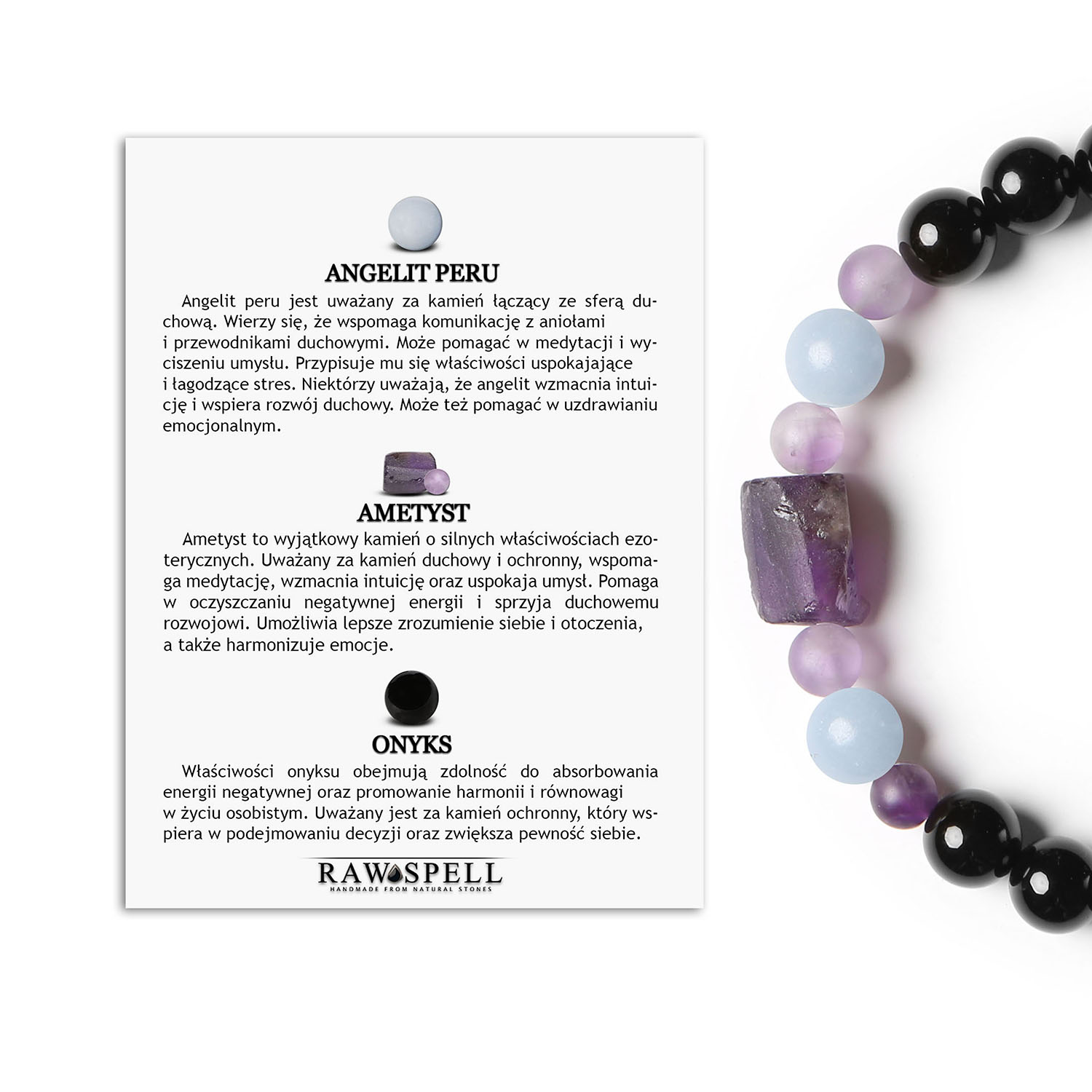 Bransoletka Kema na sznurku z Angelitem Peru, Ametystem i Onyksami, dostępna w wersji dla niej i dla niego Elegancka bransoletka z kolekcji Kema, zdobiona naturalnymi kamieniami: Angelit z Peru, ametyst i onyks, unisex.