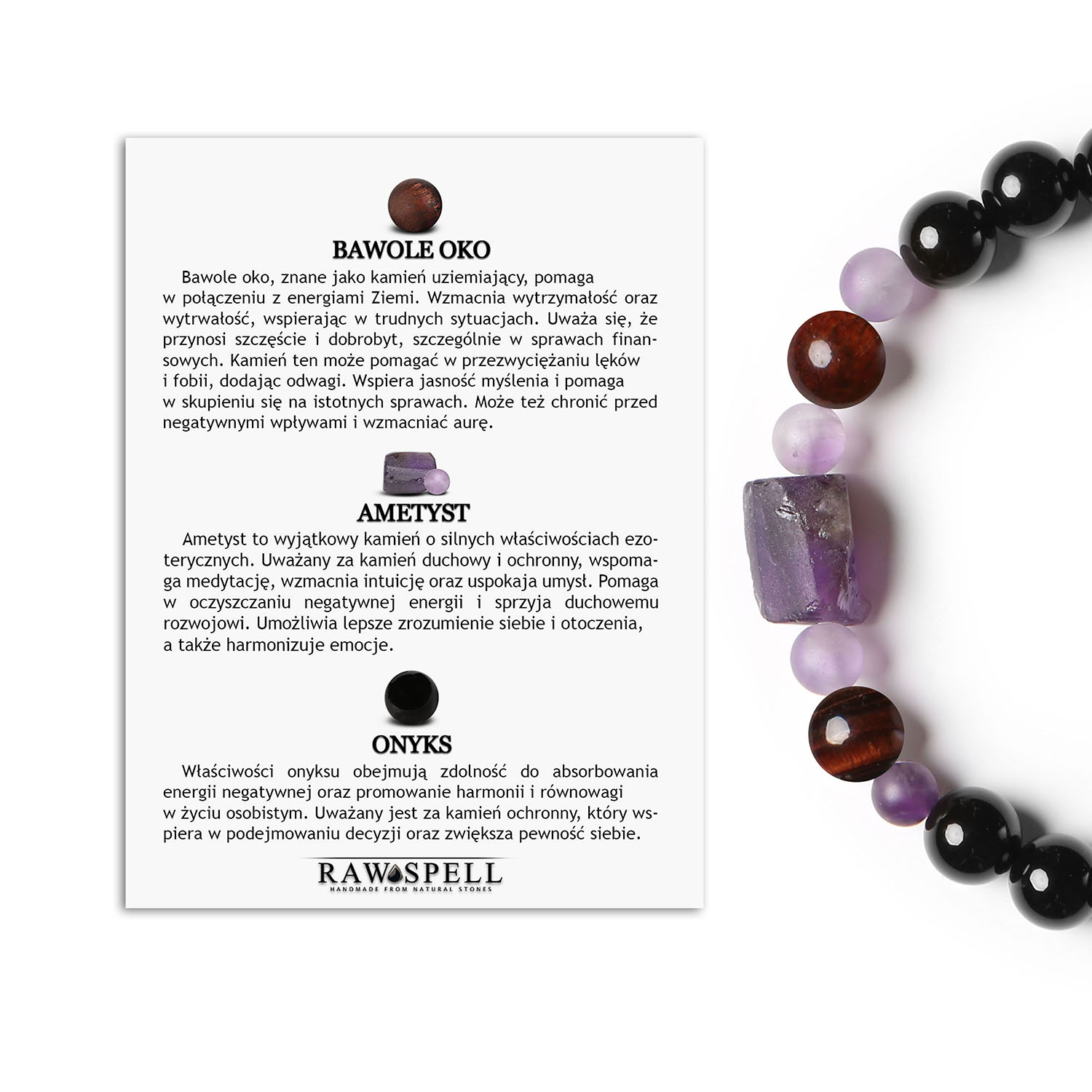 Bransoletka Kema na sznurku z Bawolim Okiem, Ametystem oraz Onyksami, doskonała dla każdego Bransoletka Kema z kamieniami naturalnymi, takimi jak bawole oko, ametyst i onyks - modny wybór dla kobiet i mężczyzn.