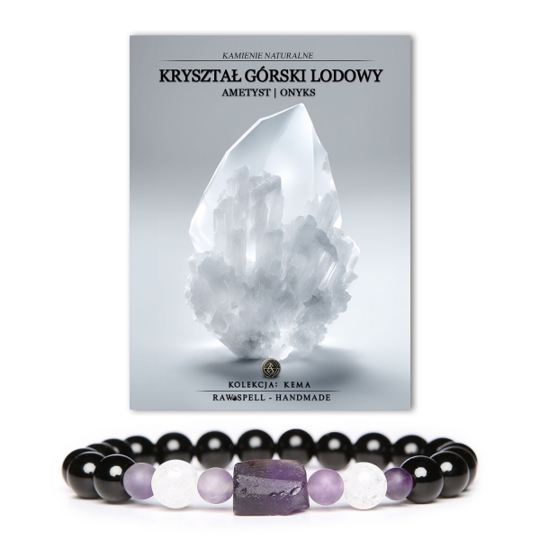 Elegancka bransoletka Kema z naturalnych kamieni, w tym Kryształu Górskiego Lodowego, Ametystu i Onyksu, dostępna dla kobiet i mężczyzn.