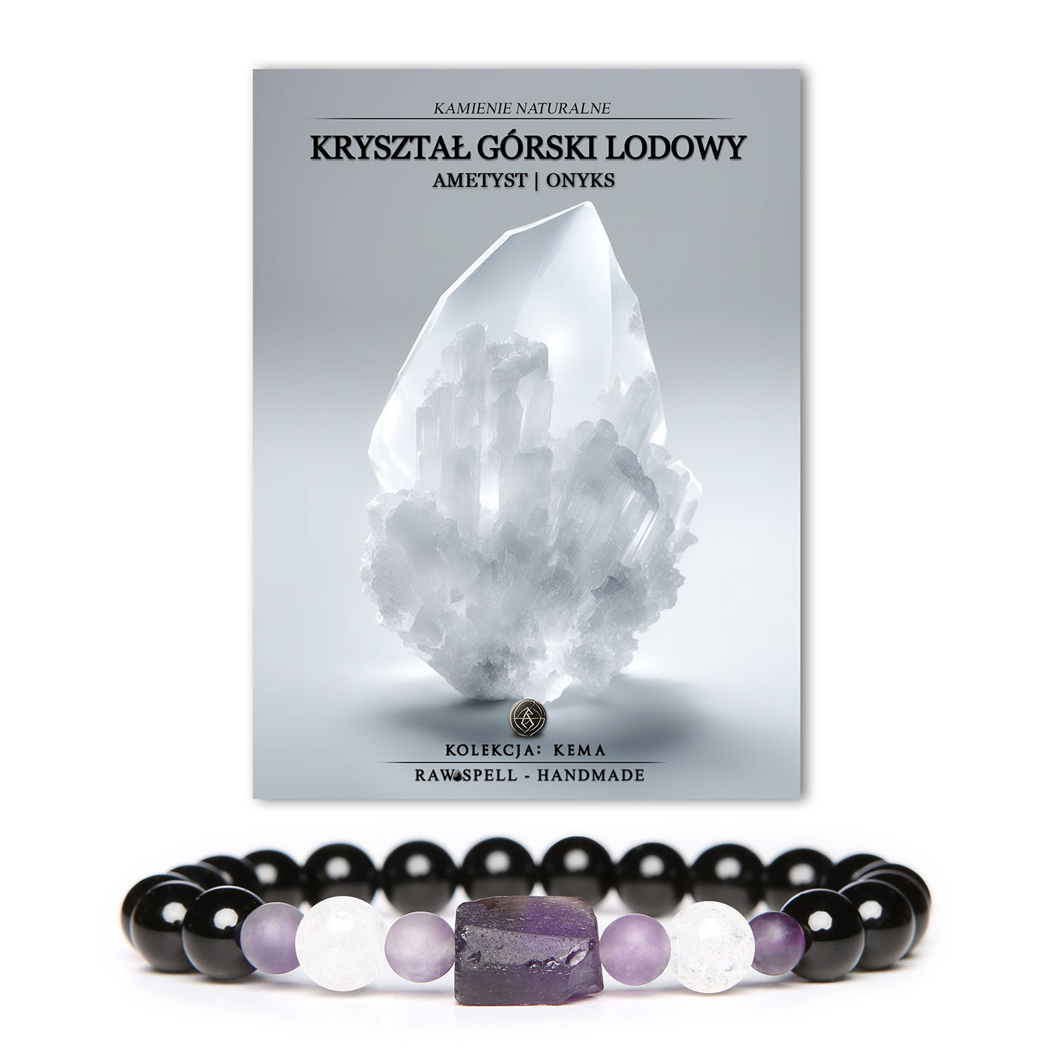 Elegancka bransoletka Kema z naturalnych kamieni, w tym Kryształu Górskiego Lodowego, Ametystu i Onyksu, dostępna dla kobiet i mężczyzn.
