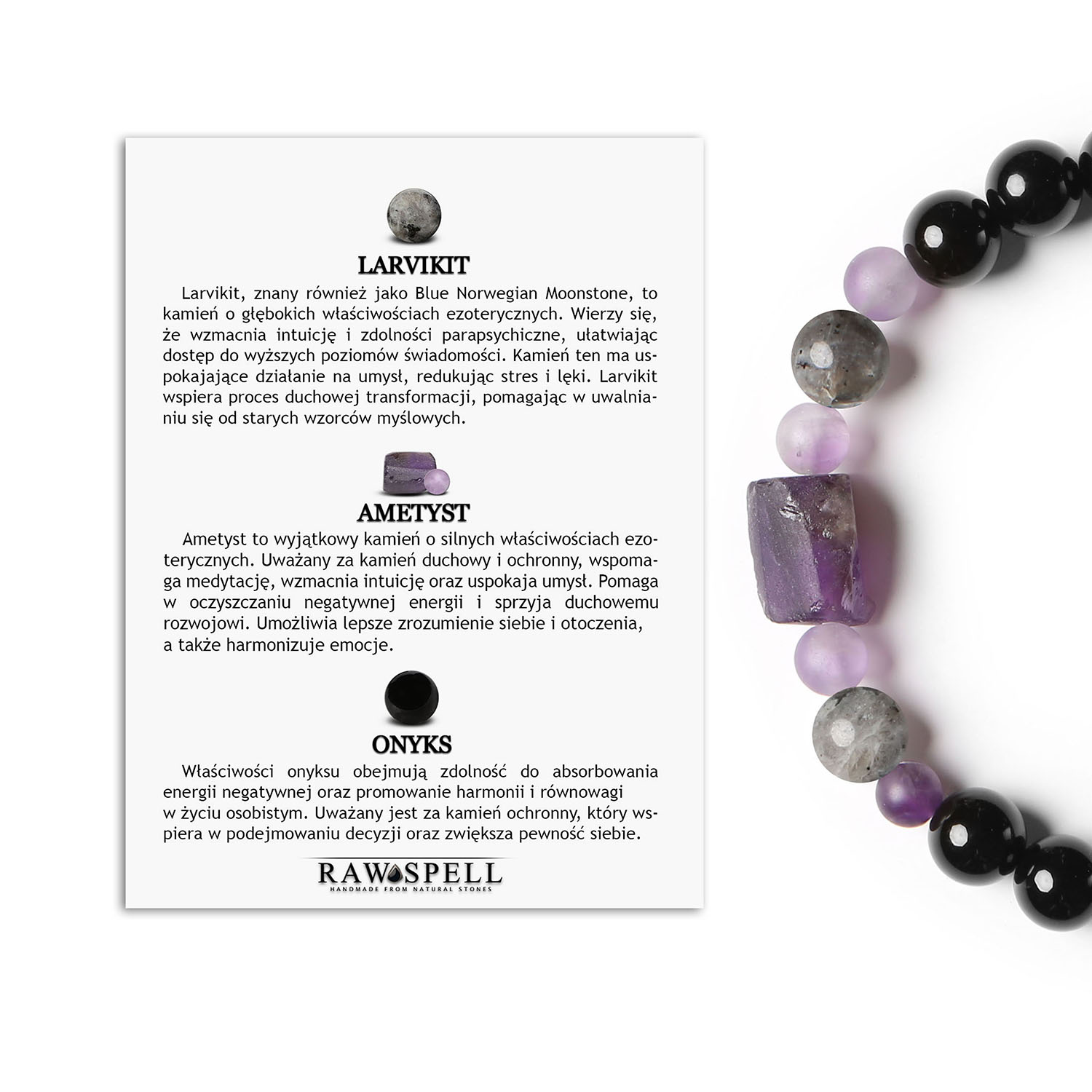 Bransoletka Kema na sznurku z kamieniami larvikit, ametyst i onyks, idealna dla kobiet i mężczyzn Bransoletka Kema z naturalnych kamieni: larvikit, ametyst i onyks. Idealna dla kobiet i mężczyzn.