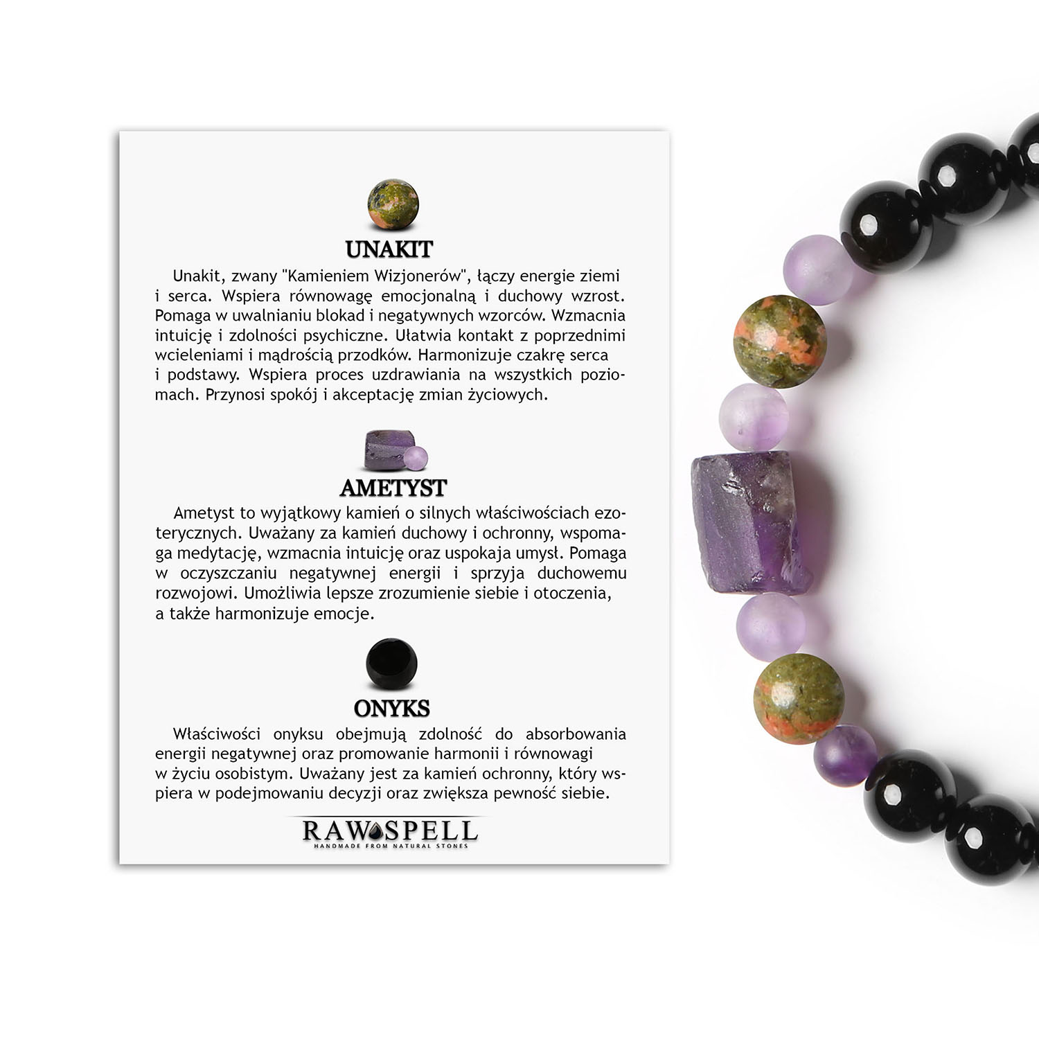 Bransoletka Kema na sznurku z unakitem, ametystem i onyksem, idealna dla obu płci Elegancka bransoletka z kolekcji Kema z unakitem, ametystem oraz onyksem, dedykowana zarówno kobietom, jak i mężczyznom.