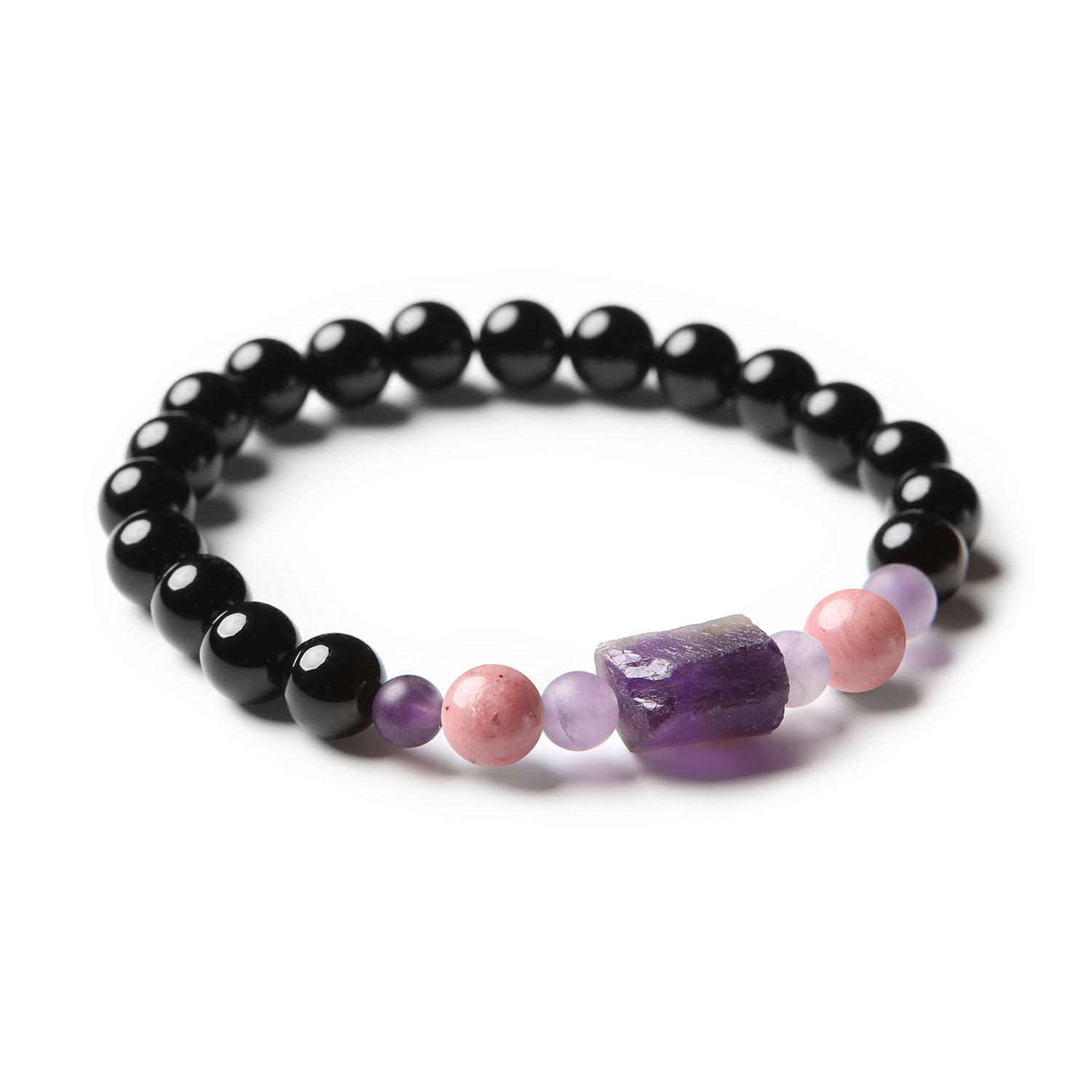 Unikatowa bransoletka z kamieniami naturalnymi: różowy rodonit, ametyst i onyks, stworzona dla kobiet i mężczyzn w kolekcji Kema.