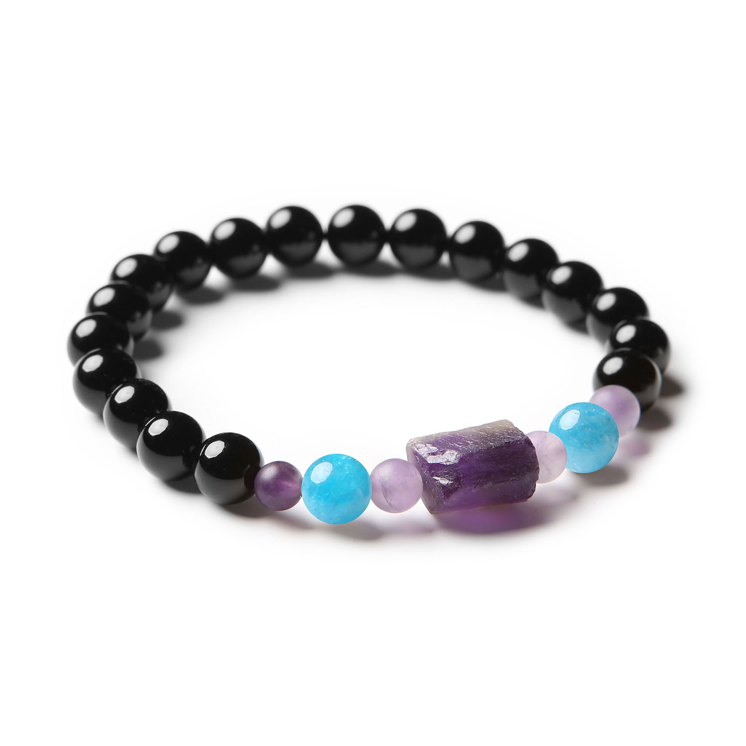 Bransoletka Kema z kamieniami naturalnymi: apatyt, ametyst i onyks. Doskonały dodatek zarówno dla kobiet, jak i mężczyzn.