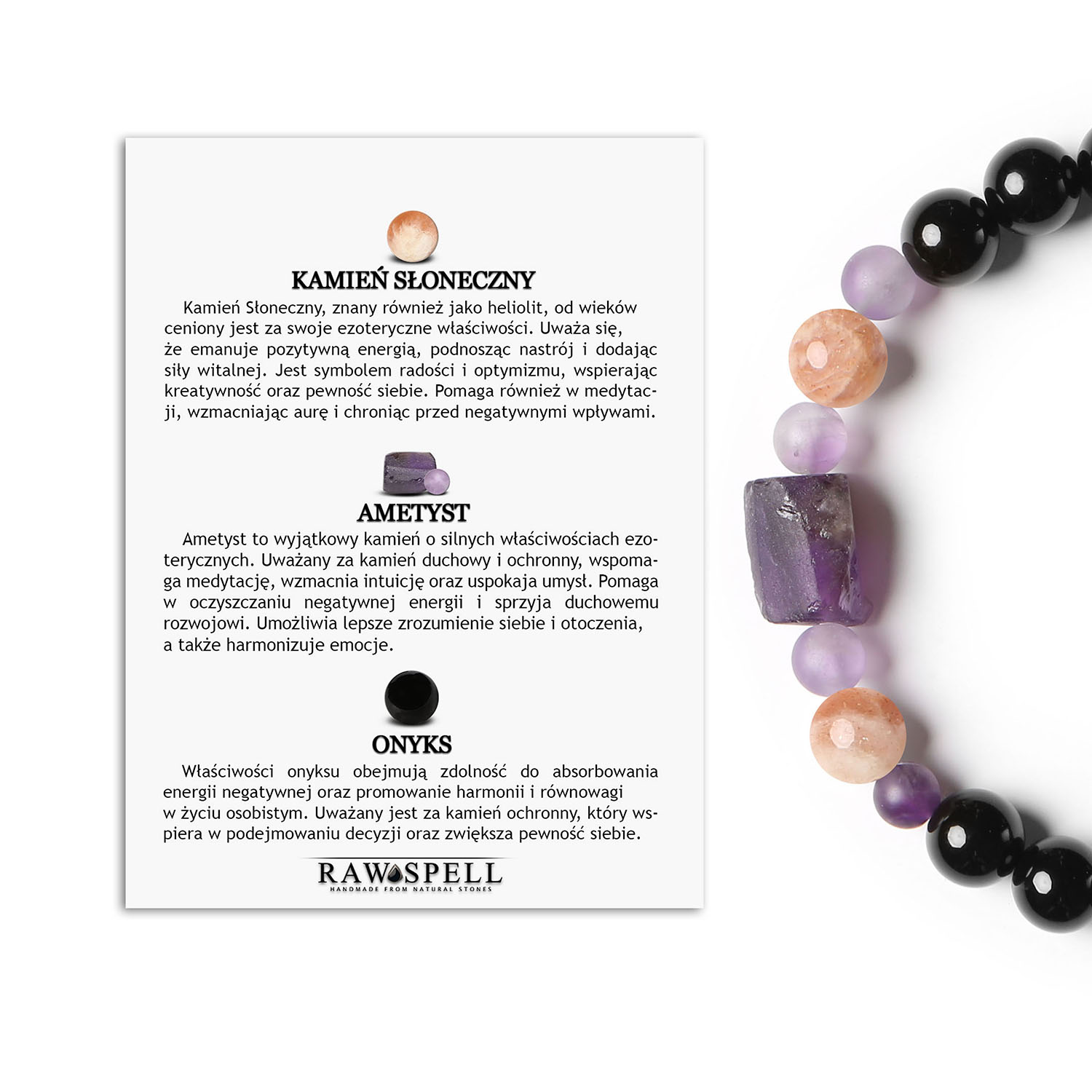 Bransoletka Kema z Kamieniem Słonecznym, Ametystem i Onyks - idealna dla kobiet i mężczyzn Stylowa bransoletka z kolekcji Kema z naturalnych kamieni: Kamień Słoneczny, Ametyst i Onyks, dostępna w wersjach damskich i męskich.
