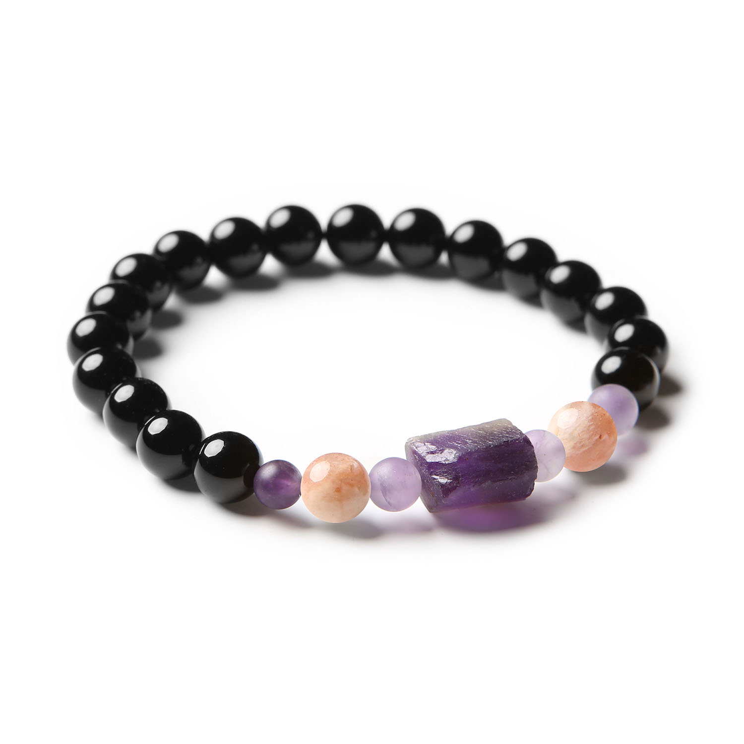 Bransoletka Kema z kamieniami naturalnymi - Kamień Słoneczny, Ametyst i Onyks, odpowiednia dla obu płci, damska i męska.