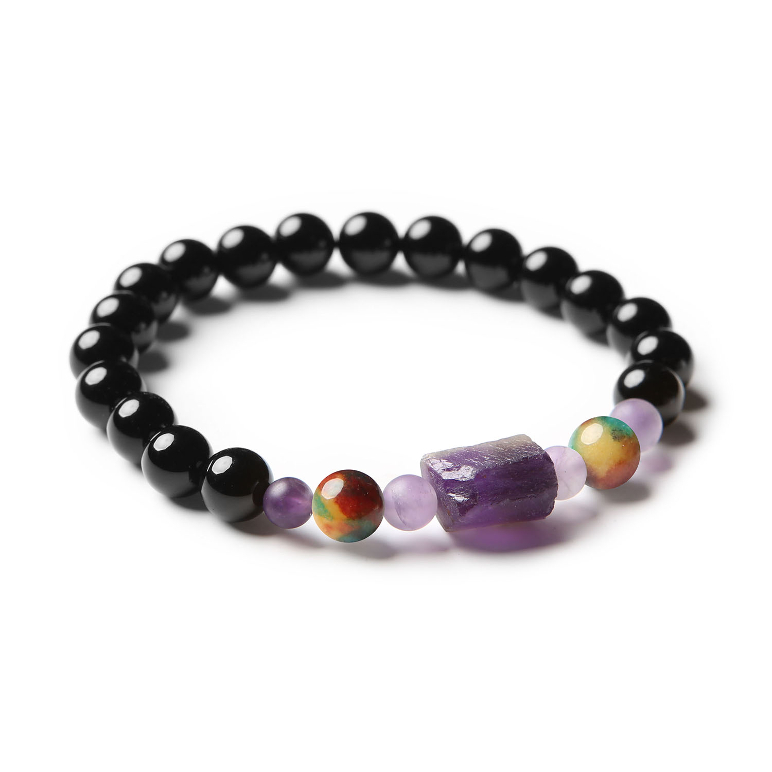 Bransoletka Kema z naturalnymi kamieniami: agat, ametyst i onyks, unisex – doskonały dodatek zarówno dla kobiet, jak i mężczyzn.