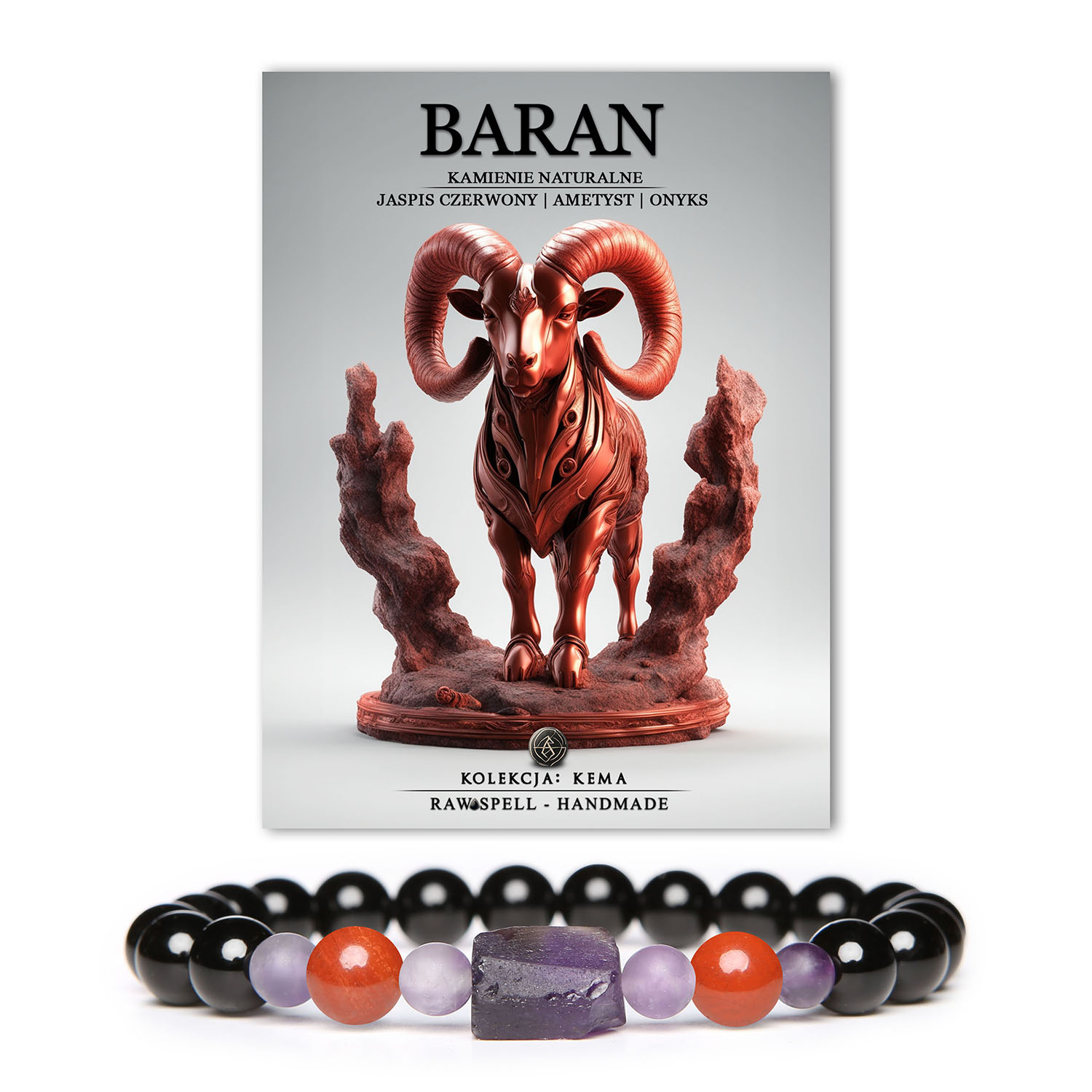 Stylowa bransoletka na gumce z naturalnych kamieni: czerwony jaspis, ametyst, onyks – idealna dla Barana. Unisex w kolekcji Kema.