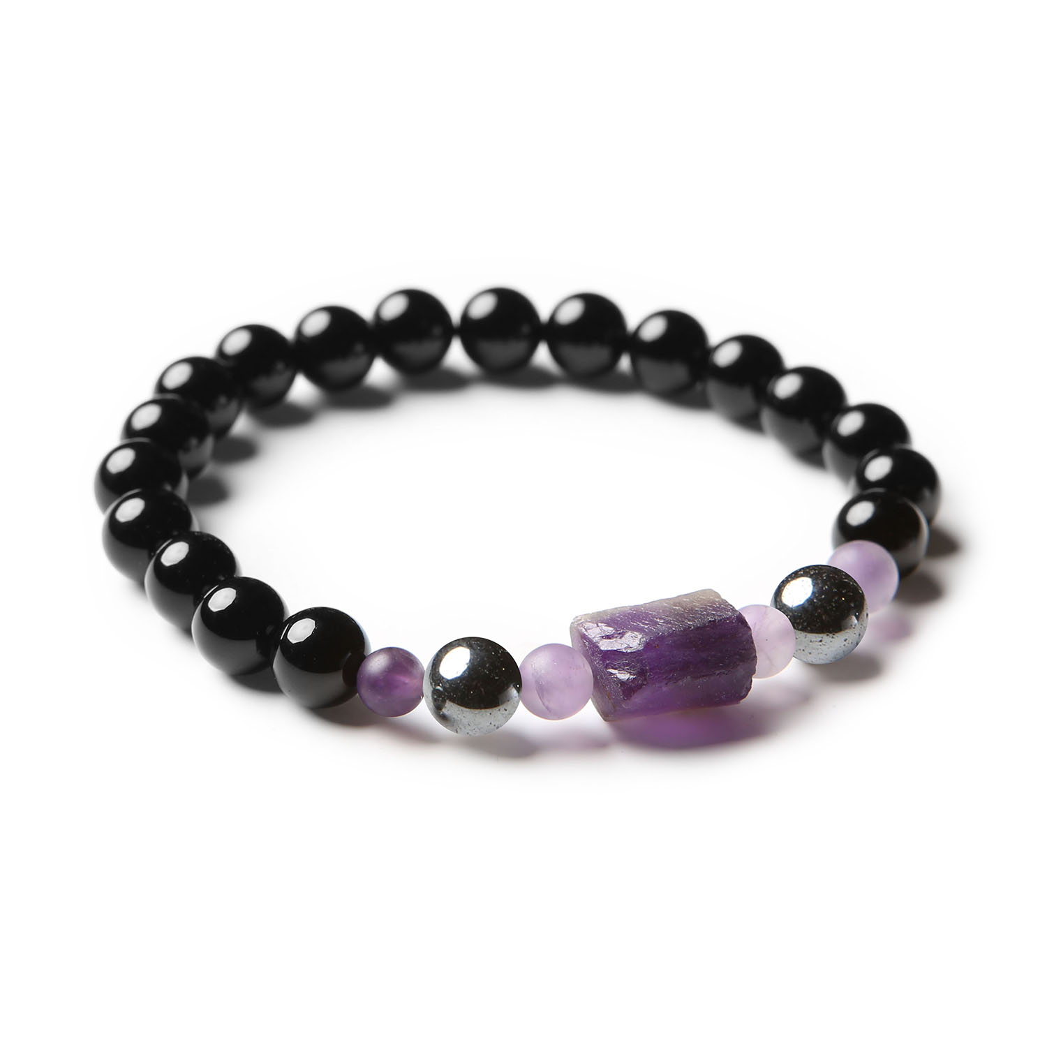 Elegancka bransoletka Kema z kamieniami hematyt grafitowy, ametyst oraz onyks - biżuteria dla każdego.