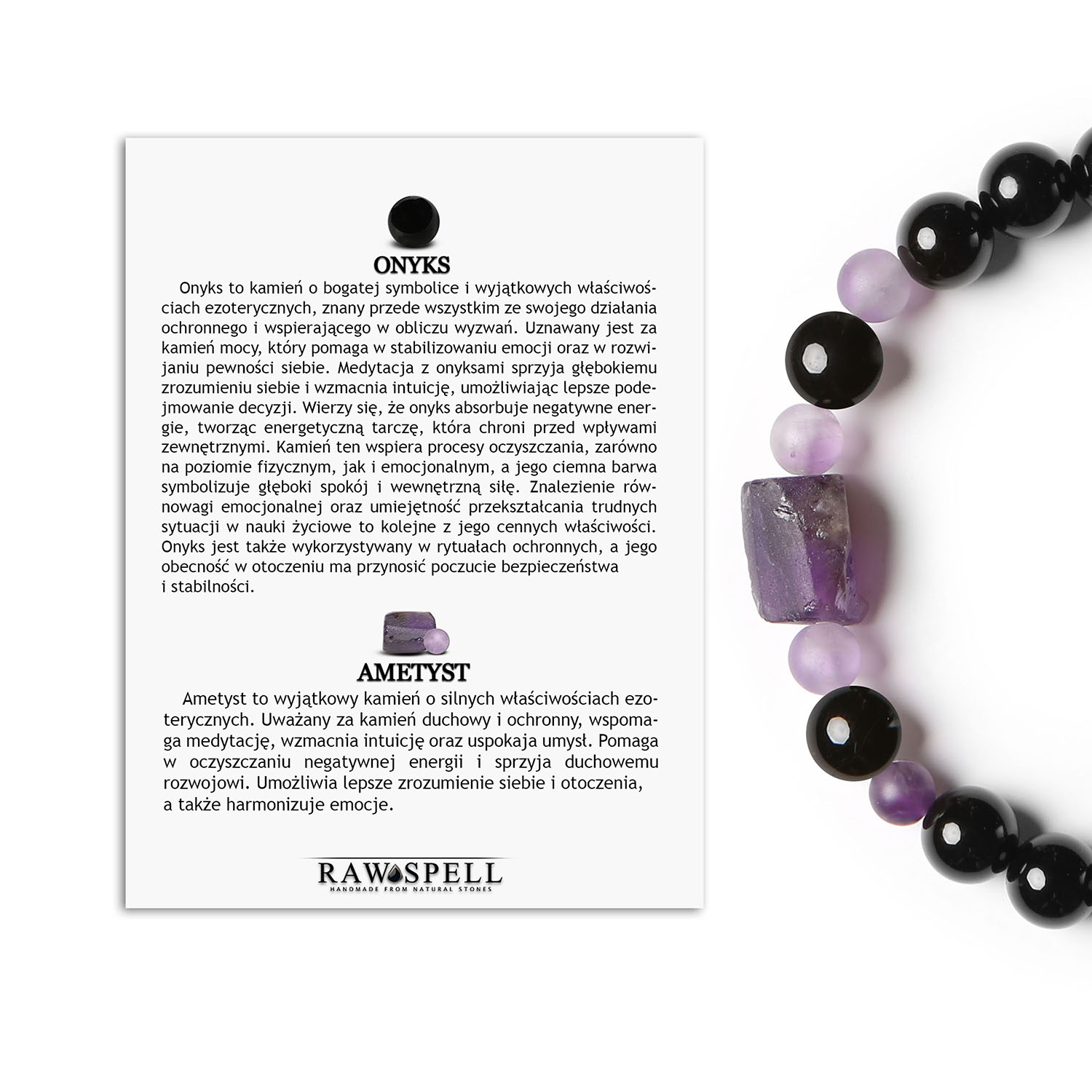 Bransoletka Kema z kamieni szlachetnych onyksu i ametystu dla niego i dla niej Bransoletka unisex Kema z onyksu i ametystu, łącząca naturalne piękno z wyjątkowym stylem.